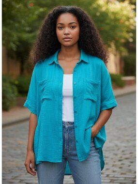 Torrid Womens Turquoise Button-Front Short Sleeve Shirt Size 1 100% Cotton
